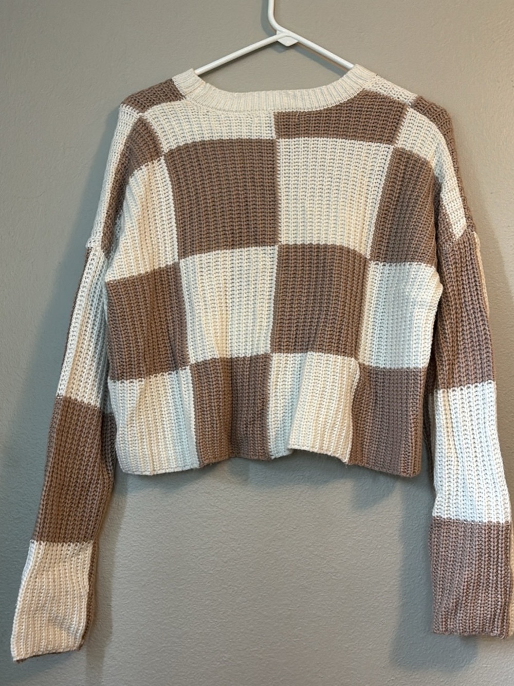 moon & madison Checkerboard Crewneck Sweater - Cream & Brown